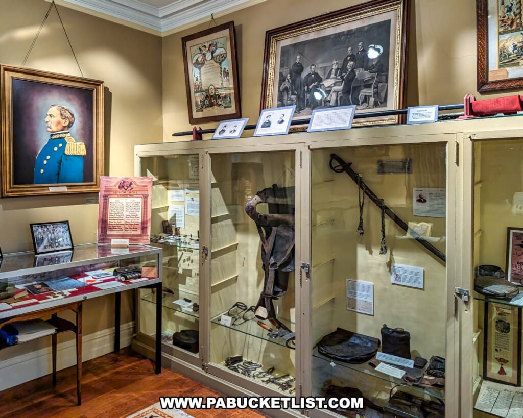 Civil War exhibit inside the Lackawanna Historical Society Museum in Scranton, Pennsylvania, featuring display cases filled with historic military artifacts. Items include swords, a saddle, uniforms, and personal effects from local soldiers, accompanied by framed portraits, documents, and interpretive panels that highlight the region’s contributions to the war effort and its veterans’ legacy.