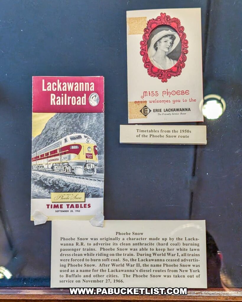 Display case at the Lackawanna Historical Society Museum in Scranton, Pennsylvania, featuring vintage railroad memorabilia from the Lackawanna Railroad’s “Phoebe Snow” campaign. The exhibit includes 1950s timetables and promotional materials depicting Miss Phoebe, a character created to promote the railroad’s clean-burning anthracite coal trains, along with an informational plaque explaining the history and legacy of the Phoebe Snow route.