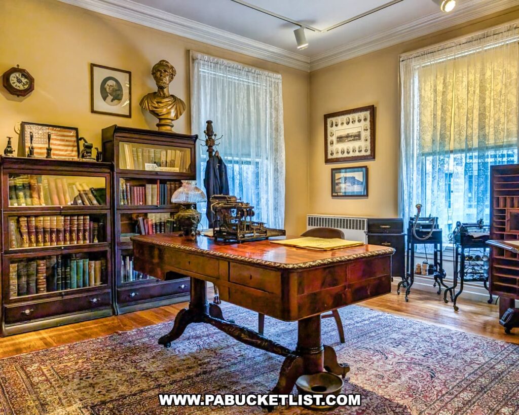 Historic office exhibit inside the Lackawanna Historical Society Museum in Scranton, Pennsylvania, showcasing an early 20th-century study with antique furnishings. The room features a large wooden desk with vintage typewriters, glass-front bookcases filled with old volumes, framed portraits and documents on the walls, and a bust of Abraham Lincoln, recreating the atmosphere of a period office once used by Scranton’s civic leaders.