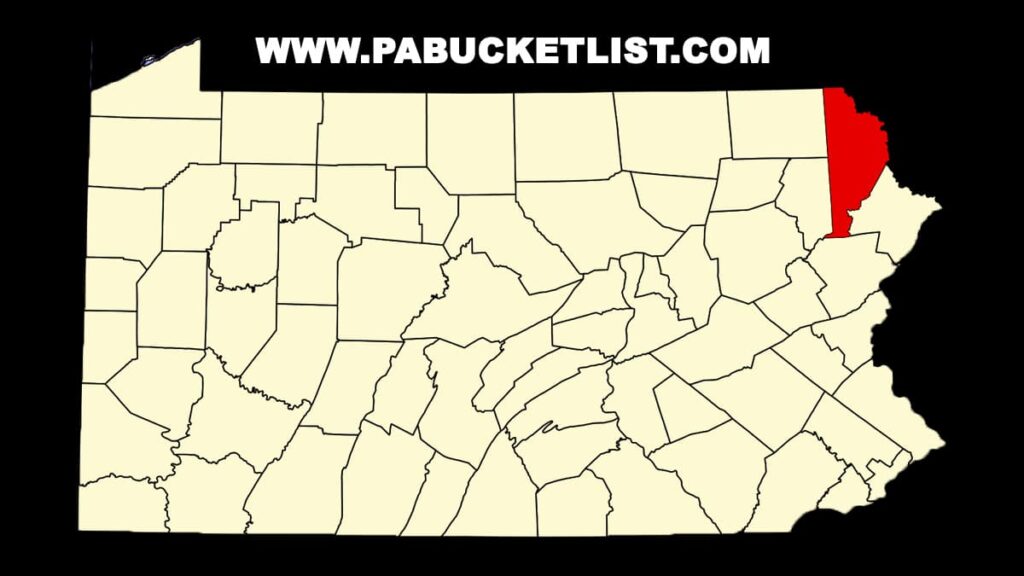 Map of Pennsylvania with Wayne County highlighted in red in the northeastern corner of the state.