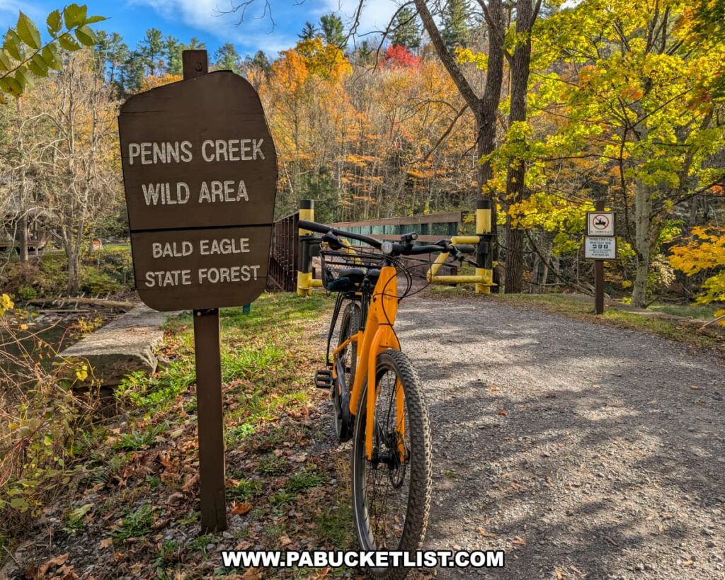 An orange bicycle is parked beside a wooden sign marking the entrance to the Penn’s Creek Wild Area in Bald Eagle State Forest, with colorful autumn foliage and a bridge over Penn’s Creek visible in the background.