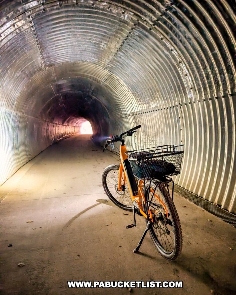 An orange bicycle with a black basket stands inside the curved Poe Paddy Tunnel along the Penn’s Creek Path in Bald Eagle State Forest, with light streaming in from the far entrance and illuminating the tunnel’s ribbed metal walls.