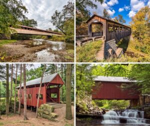A collage of 4 photos featuring the longest, shortest, highest covered bridges in Pennsylvania, as well as the only covered bridges built over a natural waterfall.
