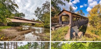 A collage of 4 photos featuring the longest, shortest, highest covered bridges in Pennsylvania, as well as the only covered bridges built over a natural waterfall.
