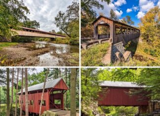 Exploring PA’s Record-Holding Covered Bridges and Unique Spans A collage of 4 photos featuring the longest, shortest, highest covered bridges in Pennsylvania, as well as the only covered bridges built over a natural waterfall.