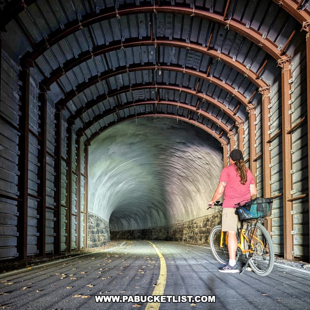 Cyclist standing with an orange bike inside the arched, stone-lined Climax Tunnel along the Redbank Valley Rail Trail, illuminated by overhead lights.