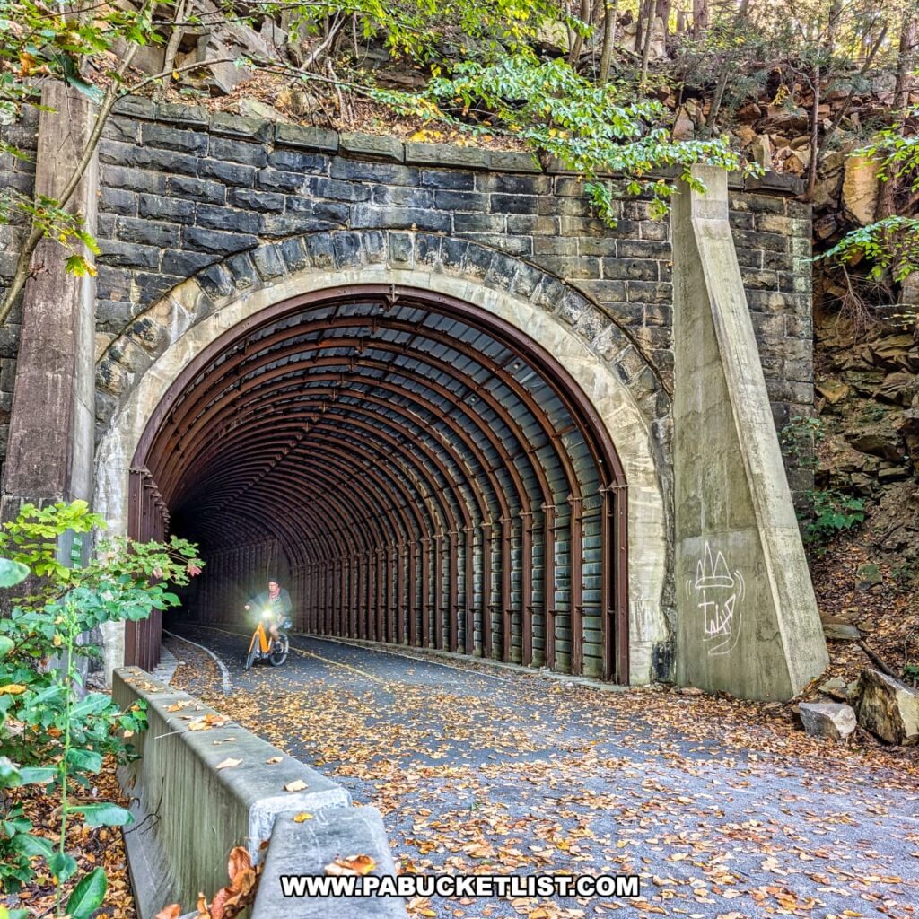 Cyclist with headlights emerging from the stone-arched southwestern entrance of the Climax Tunnel along the Redbank Valley Rail Trail, surrounded by autumn leaves and rocky hillsides.