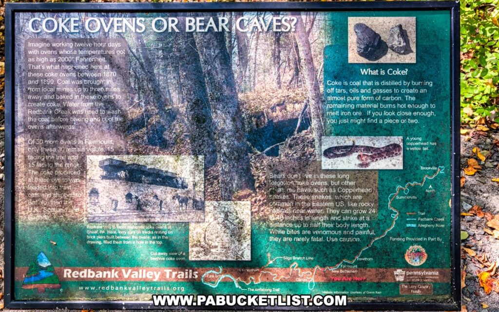 Interpretive sign along the Redbank Valley Rail Trail titled “Coke Ovens or Bear Caves?” explaining the history of 19th-century coke ovens, the process of making coke, and local wildlife such as copperhead snakes.