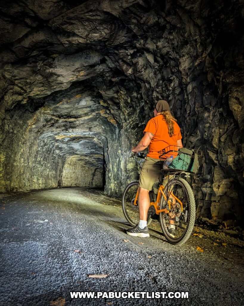 Cyclist with an orange bike inside the rough-hewn stone walls of Long Point Tunnel along the Redbank Valley Rail Trail, illuminated by bike lights.