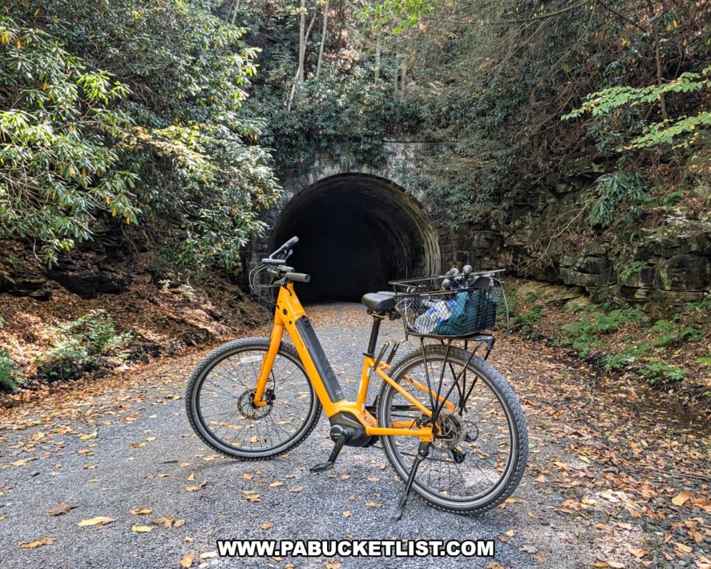Orange bicycle parked in front of the stone-arched entrance to Long Point Tunnel along the Redbank Valley Rail Trail, surrounded by rocky hillsides and dense greenery.