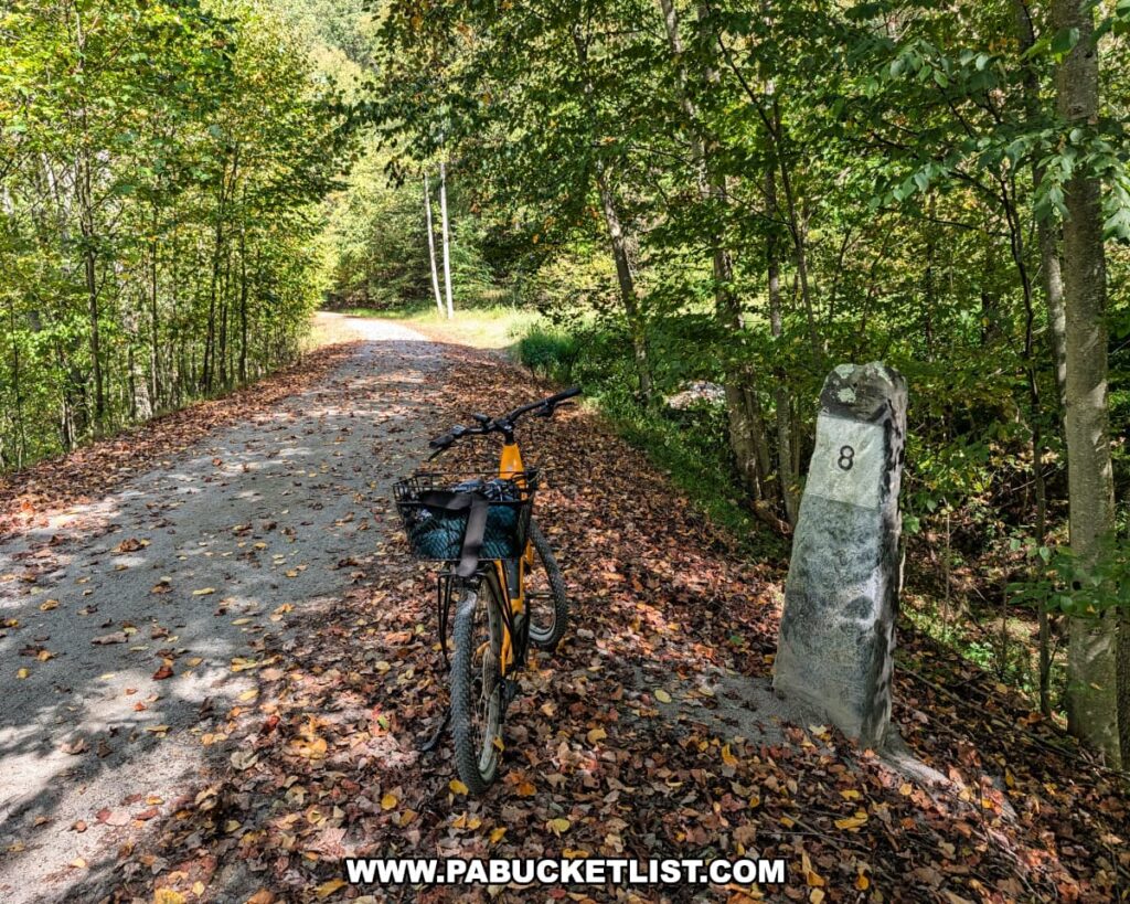 Orange bicycle parked beside mile marker 8 along the Redbank Valley Rail Trail, surrounded by a leafy forest and a gravel path covered with autumn leaves.