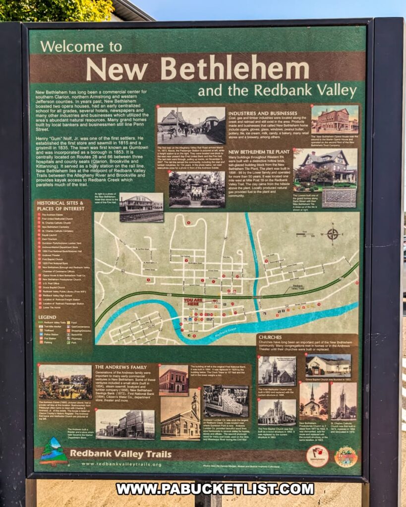 Interpretive sign titled “Welcome to New Bethlehem and the Redbank Valley,” featuring historical information, photos, and a map highlighting sites of interest in the town and surrounding trail.