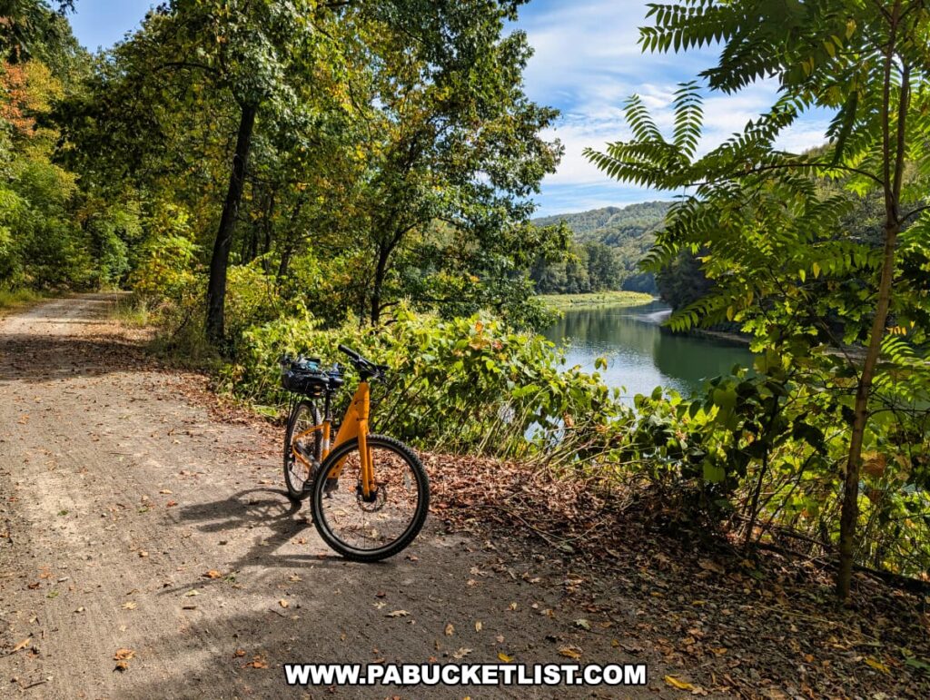 Orange bicycle parked on the shaded gravel path of the Redbank Valley Rail Trail overlooking a scenic bend of Redbank Creek, surrounded by lush green hills and trees.