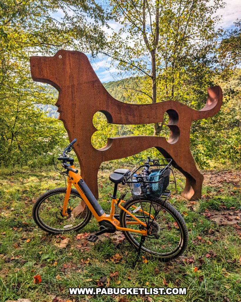 Orange bicycle parked in front of a large rust-colored metal dog sculpture set in a grassy clearing along the Redbank Valley Rail Trail, with forested hills in the background.