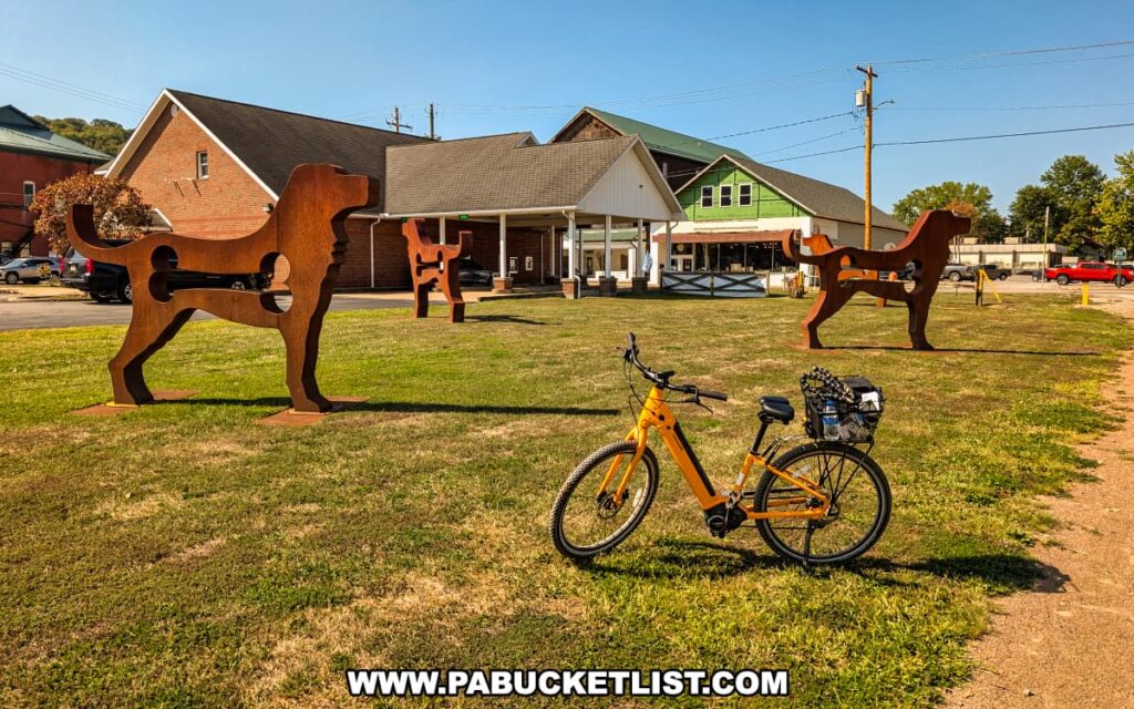 Orange bicycle parked on a grassy area in New Bethlehem along the Redbank Valley Rail Trail, with several large rust-colored metal dog sculptures standing near brick and green-roofed buildings in the background.