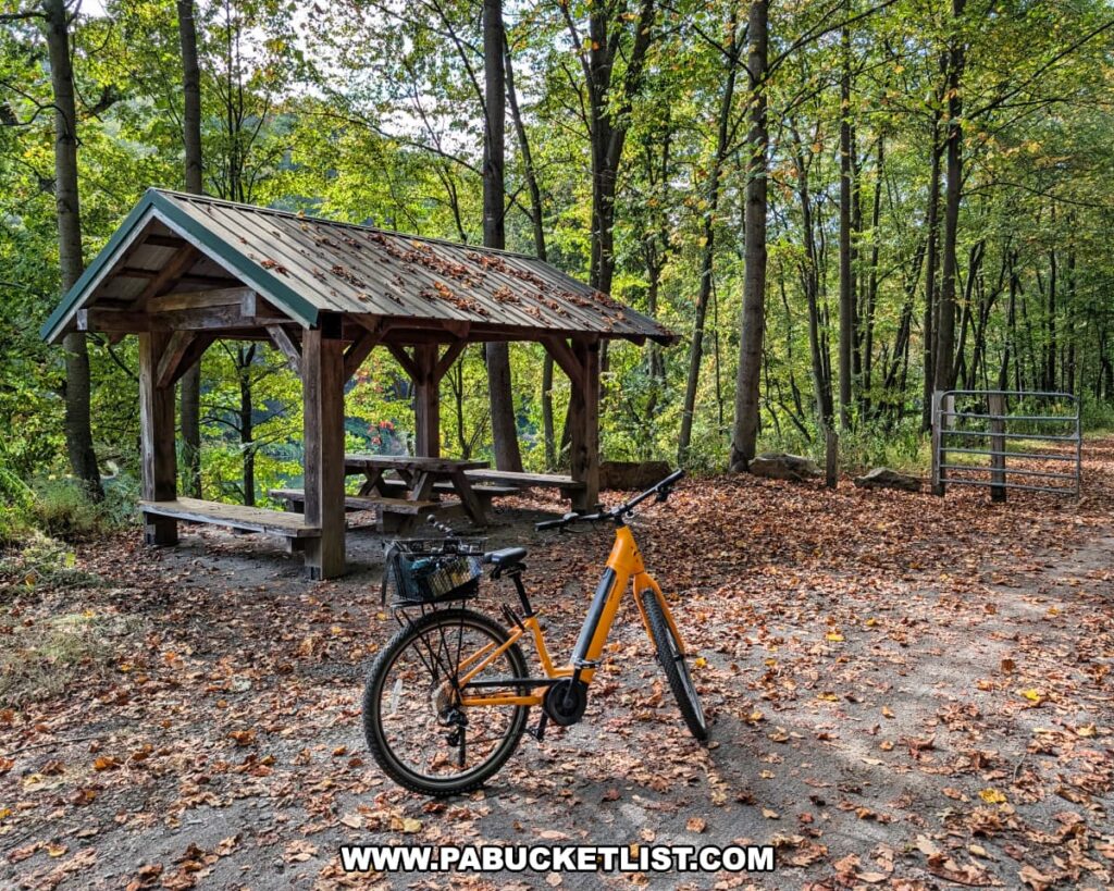 Orange bicycle parked beside a rustic wooden picnic shelter with benches and a table, surrounded by autumn leaves and trees along the Redbank Valley Rail Trail.