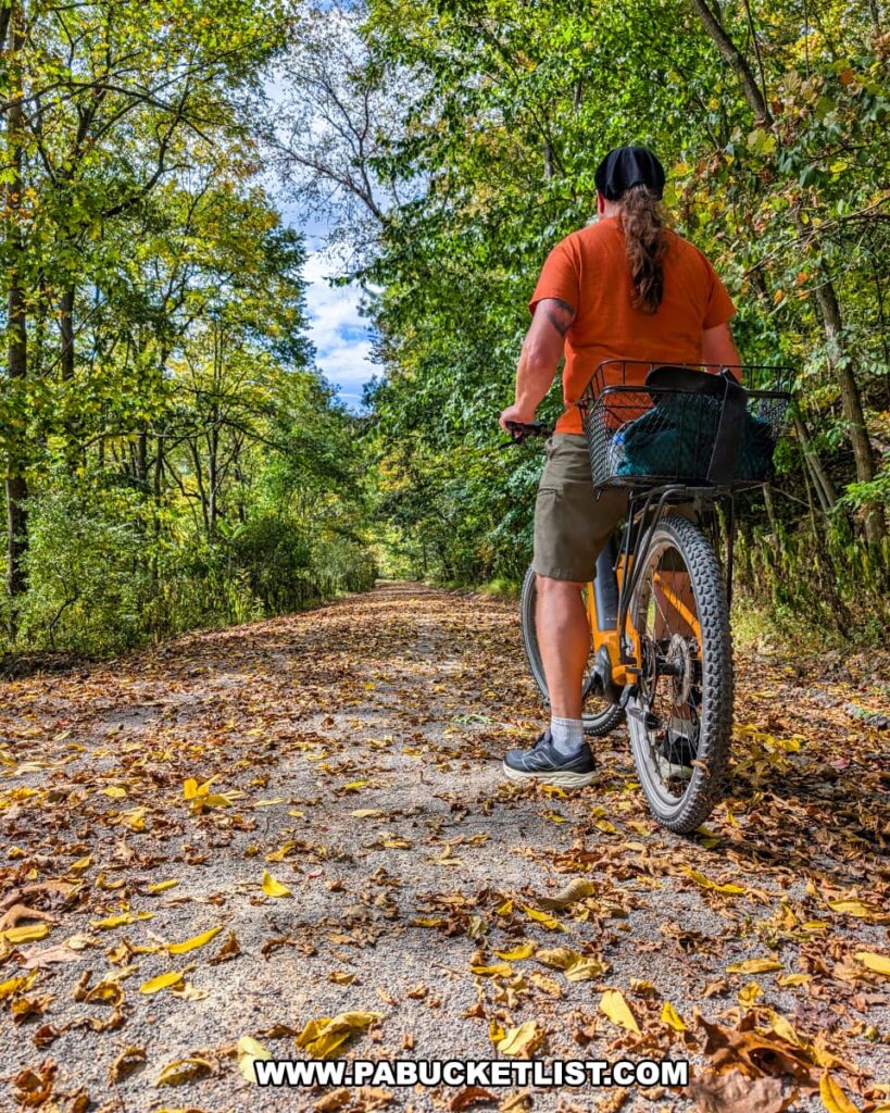 Cyclist with an orange bike standing on a leaf-strewn section of the Redbank Valley Rail Trail in late September, surrounded by green trees beginning to show early autumn colors.