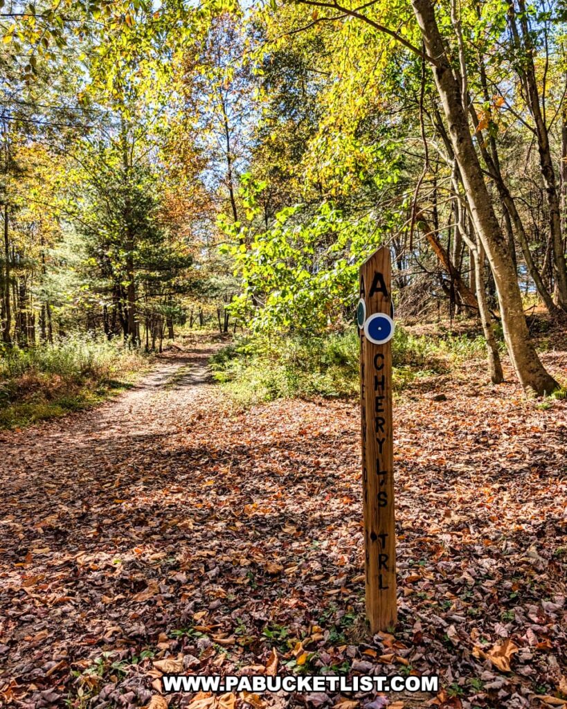 Trail marker for Cheryl’s Trail at Rider Park in Lycoming County, Pennsylvania, standing beside a leaf-covered woodland path surrounded by colorful early autumn foliage under bright sunlight.