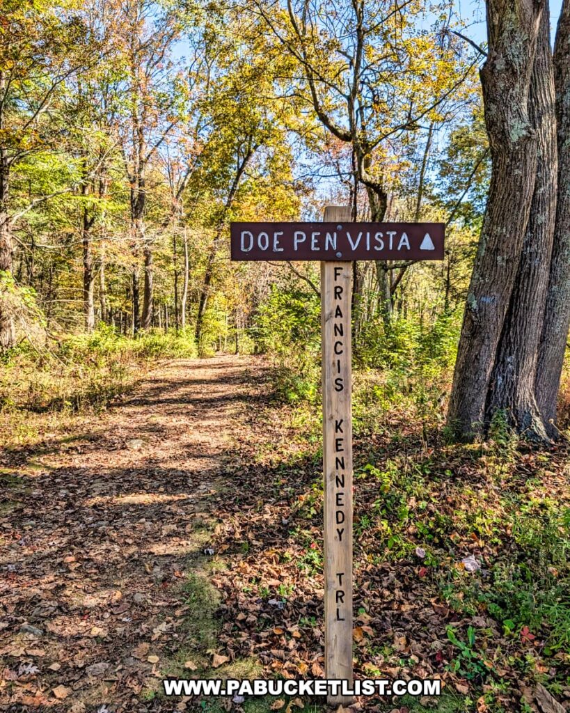Trail sign marking the path to Doe Pen Vista along the Francis Kennedy Trail at Rider Park in Lycoming County, Pennsylvania, surrounded by colorful autumn foliage and a leaf-strewn forest path under bright sunlight.