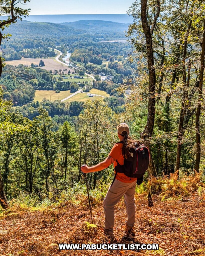Hiker with a backpack and trekking pole standing at Loyalsock Creek Vista in Rider Park, Lycoming County, Pennsylvania, overlooking a sweeping valley view with rolling hills, farmland, and the winding creek below on a sunny autumn day.