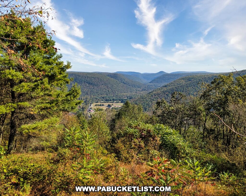 Panoramic view from Katy Jane East Vista at Rider Park in Lycoming County, Pennsylvania, overlooking a lush valley surrounded by forested mountains under a bright blue sky with wispy clouds.