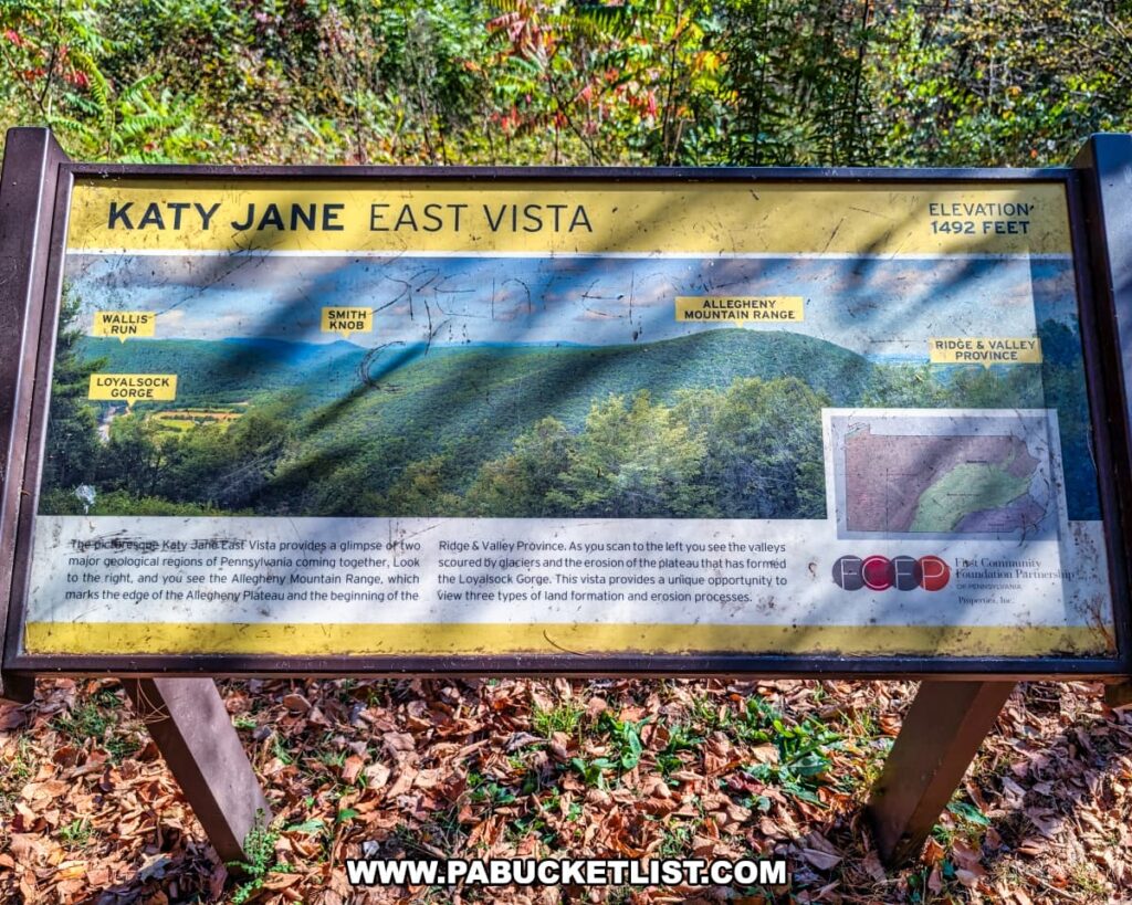Informational sign at Katy Jane East Vista in Rider Park, Lycoming County, Pennsylvania, describing the view of Loyalsock Gorge, Smith Knob, and the Allegheny Mountain Range, with elevation details and a map highlighting the Ridge and Valley Province.