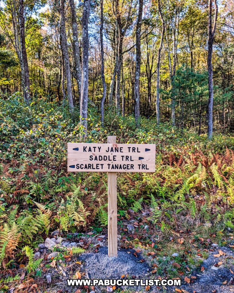 Trail junction sign at Rider Park in Lycoming County, Pennsylvania, showing directions for the Katy Jane Trail, Saddle Trail, and Scarlet Tanager Trail, surrounded by ferns and colorful autumn forest scenery.