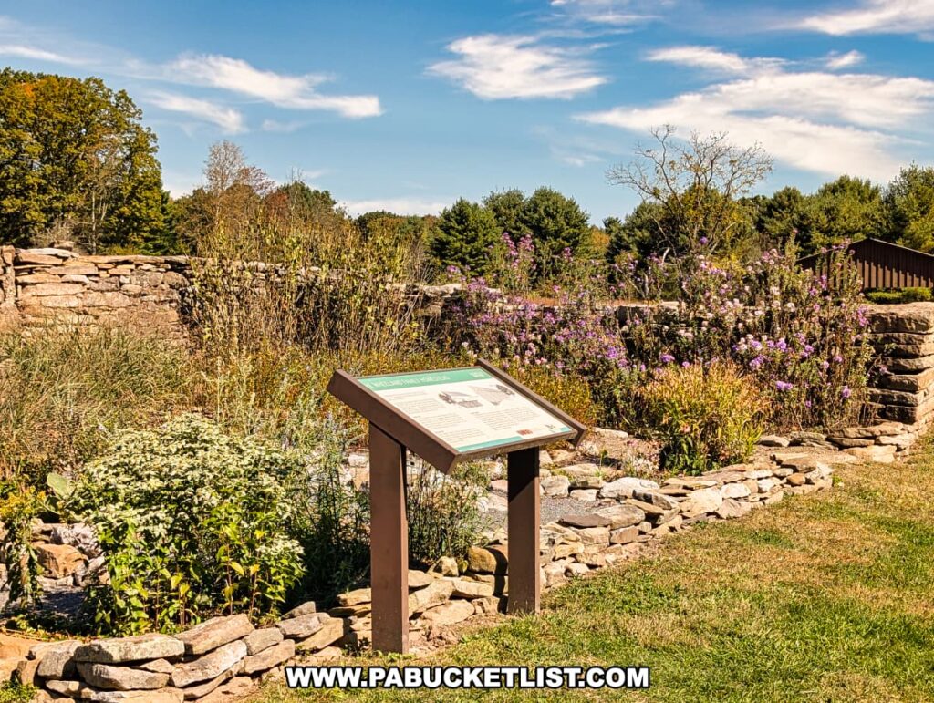 Remains of the Wheeland Family Homestead at Rider Park in Lycoming County, Pennsylvania, featuring a stone foundation wall, blooming wildflowers, and an informational sign under a bright blue autumn sky.