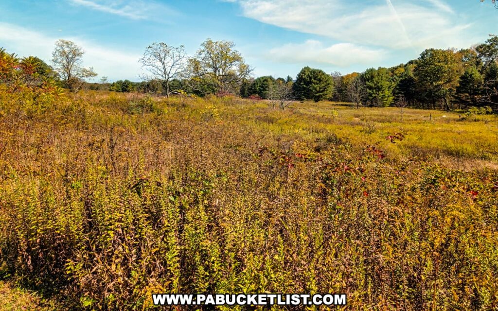 Expansive wildflower meadow at Rider Park in Lycoming County, Pennsylvania, filled with golden late-season grasses and surrounded by trees showing early autumn color under a bright blue sky.