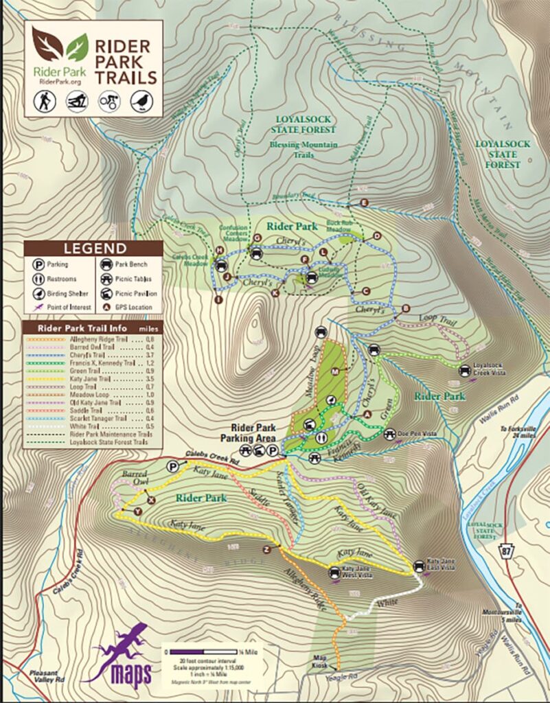 A map highlighting all the trail, vistas, and amenities at Rider Park in Lycoming County, PA.