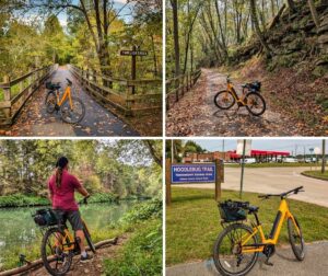 Collage of four photos taken along the Hoodlebug Trail in Indiana County, Pennsylvania. The top left image shows a bright yellow bicycle on a bridge over Two Lick Creek surrounded by autumn trees. The top right image features the same bicycle on a leaf-strewn trail bordered by rocky cliffs and forest. The bottom left image shows a cyclist pausing beside calm green water, framed by trees along the creek. The bottom right image depicts the bicycle parked near a sign for the Hoodlebug Trail Yankeetown Access Area, with a red-roofed Sheetz gas station in the background. The 10-mile Hoodlebug Trail follows the former Pennsylvania Railroad’s Indiana Branch, once traveled by the self-propelled “Hoodlebug” passenger coach.