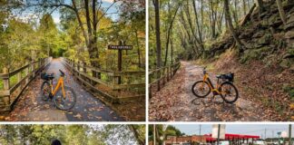 Collage of four photos taken along the Hoodlebug Trail in Indiana County, Pennsylvania. The top left image shows a bright yellow bicycle on a bridge over Two Lick Creek surrounded by autumn trees. The top right image features the same bicycle on a leaf-strewn trail bordered by rocky cliffs and forest. The bottom left image shows a cyclist pausing beside calm green water, framed by trees along the creek. The bottom right image depicts the bicycle parked near a sign for the Hoodlebug Trail Yankeetown Access Area, with a red-roofed Sheetz gas station in the background. The 10-mile Hoodlebug Trail follows the former Pennsylvania Railroad’s Indiana Branch, once traveled by the self-propelled “Hoodlebug” passenger coach.