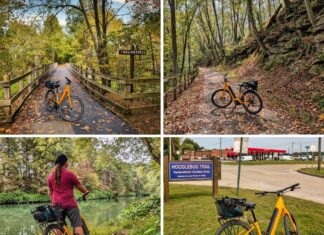 Collage of four photos taken along the Hoodlebug Trail in Indiana County, Pennsylvania. The top left image shows a bright yellow bicycle on a bridge over Two Lick Creek surrounded by autumn trees. The top right image features the same bicycle on a leaf-strewn trail bordered by rocky cliffs and forest. The bottom left image shows a cyclist pausing beside calm green water, framed by trees along the creek. The bottom right image depicts the bicycle parked near a sign for the Hoodlebug Trail Yankeetown Access Area, with a red-roofed Sheetz gas station in the background. The 10-mile Hoodlebug Trail follows the former Pennsylvania Railroad’s Indiana Branch, once traveled by the self-propelled “Hoodlebug” passenger coach.