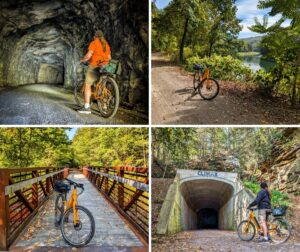Collage of four scenes along the Redbank Valley Rail Trail in western Pennsylvania, showing a cyclist inside the Long Point Tunnel, a bike parked beside Redbank Creek with a scenic river view, a bike on the Terry Mateer Bridge surrounded by trees, and a rider at the entrance of the Climax Tunnel.