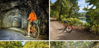 Collage of four scenes along the Redbank Valley Rail Trail in western Pennsylvania, showing a cyclist inside the Long Point Tunnel, a bike parked beside Redbank Creek with a scenic river view, a bike on the Terry Mateer Bridge surrounded by trees, and a rider at the entrance of the Climax Tunnel.