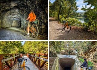 Collage of four scenes along the Redbank Valley Rail Trail in western Pennsylvania, showing a cyclist inside the Long Point Tunnel, a bike parked beside Redbank Creek with a scenic river view, a bike on the Terry Mateer Bridge surrounded by trees, and a rider at the entrance of the Climax Tunnel.