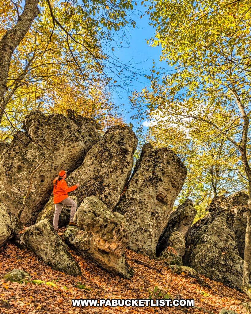 A hiker in an orange jacket stands beside the towering, weather-sculpted limestone pillars of the Three Sisters Rock Formation in the Rocky Ridge Natural Area, surrounded by golden autumn leaves and a bright blue sky in Huntingdon County, Pennsylvania.