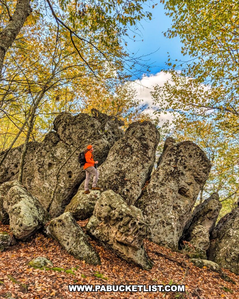 A hiker in an orange jacket stands among the massive, weathered limestone pillars of the Three Sisters Rock Formation in the Rocky Ridge Natural Area, surrounded by fallen leaves and colorful autumn foliage under a bright blue sky in Huntingdon County, Pennsylvania.