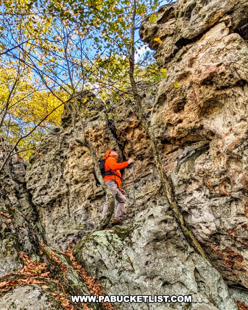 A hiker in an orange jacket stands among rugged limestone outcroppings near the Three Sisters Rock Formation in the Rocky Ridge Natural Area of Huntingdon County, Pennsylvania, surrounded by autumn foliage and weathered rock walls.