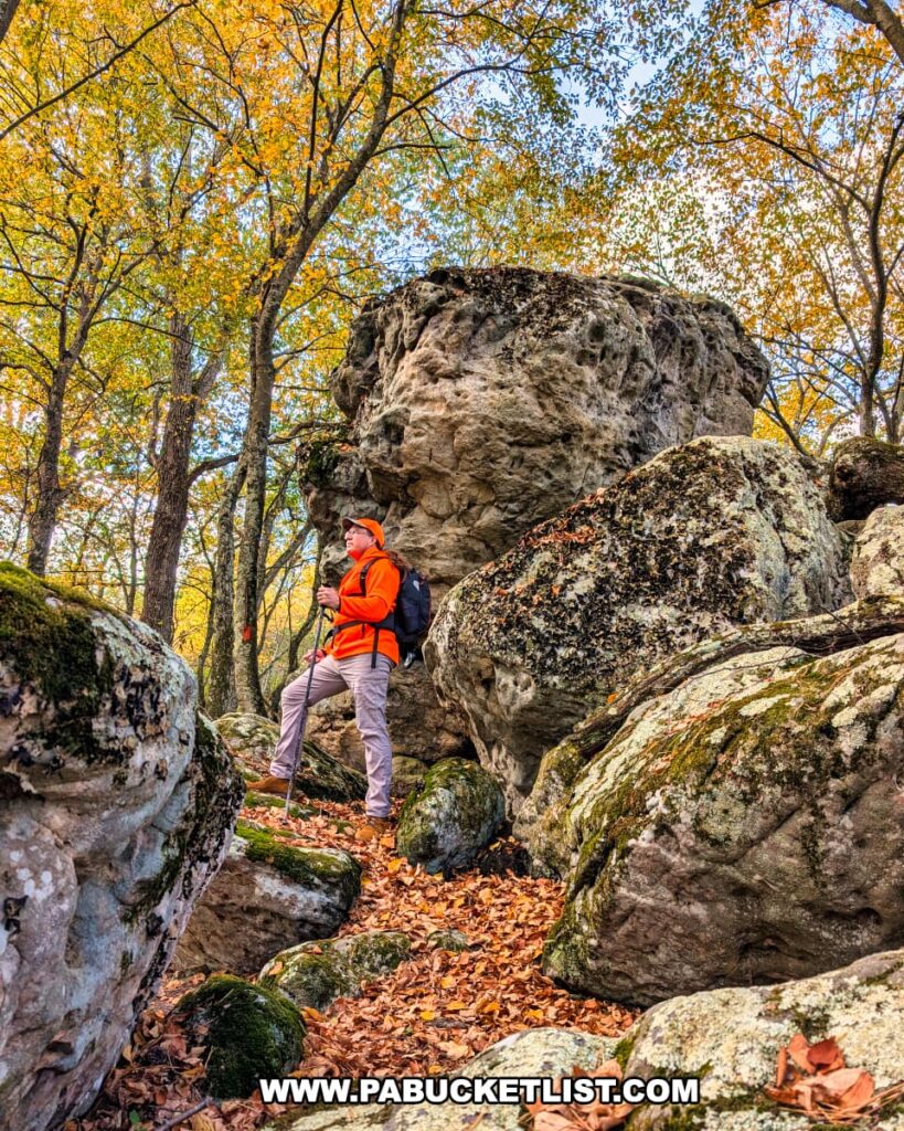 A hiker in an orange jacket pauses beside a cluster of weathered boulders near the Three Sisters Rock Formation in the Rocky Ridge Natural Area, surrounded by moss-covered rocks, fallen leaves, and golden autumn foliage in Huntingdon County, Pennsylvania.