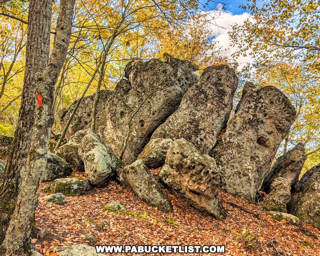 Massive weathered limestone pillars of the Three Sisters Rock Formation rise above a forest floor blanketed in autumn leaves, surrounded by golden foliage and an orange trail blaze marking the Standing Stone Trail in the Rocky Ridge Natural Area of Huntingdon County, Pennsylvania.