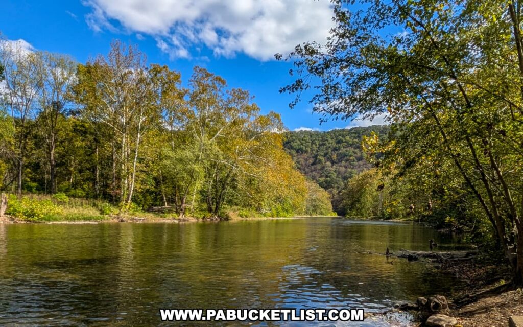 A tranquil view of the Raystown Branch of the Juniata River flowing through Warriors Path State Park in Bedford County, Pennsylvania, framed by trees with early fall foliage and wooded hills under a bright blue sky.