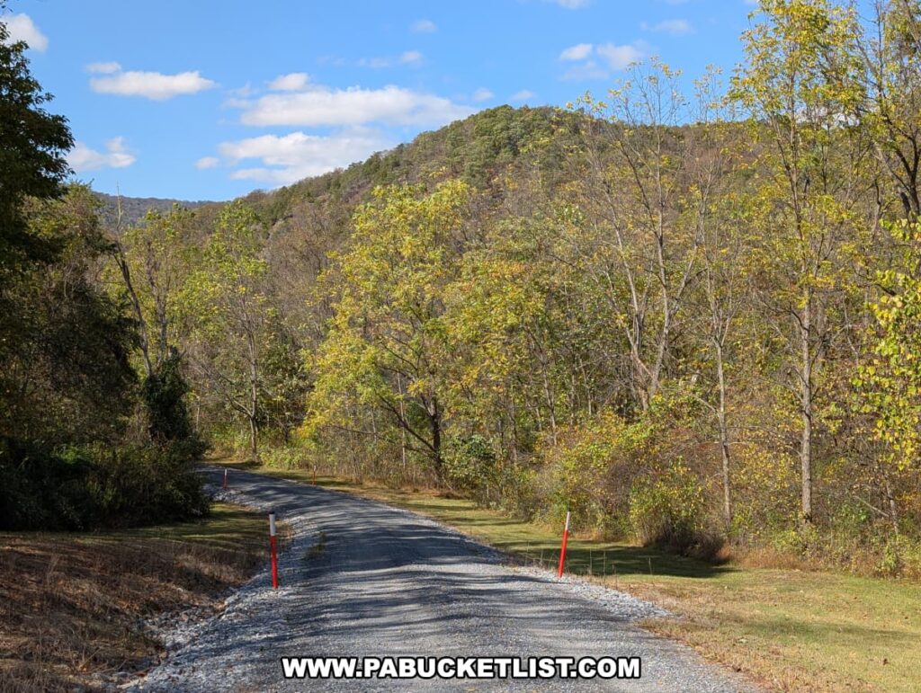 A gravel park road winds through early autumn foliage at Warriors Path State Park in Bedford County, Pennsylvania, with forested hills rising in the distance under a bright blue sky.