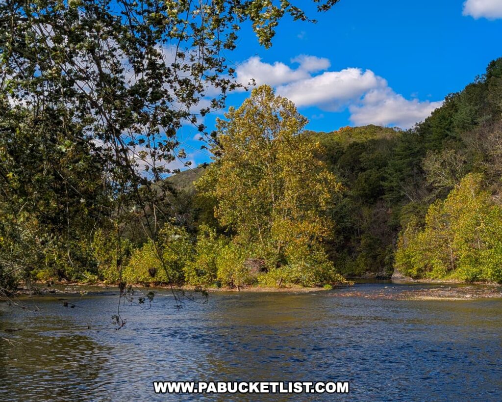 A view of the Raystown Branch of the Juniata River framed by overhanging branches at Warriors Path State Park in Bedford County, Pennsylvania, with green and gold autumn foliage covering the surrounding hills beneath a bright blue sky with scattered clouds.