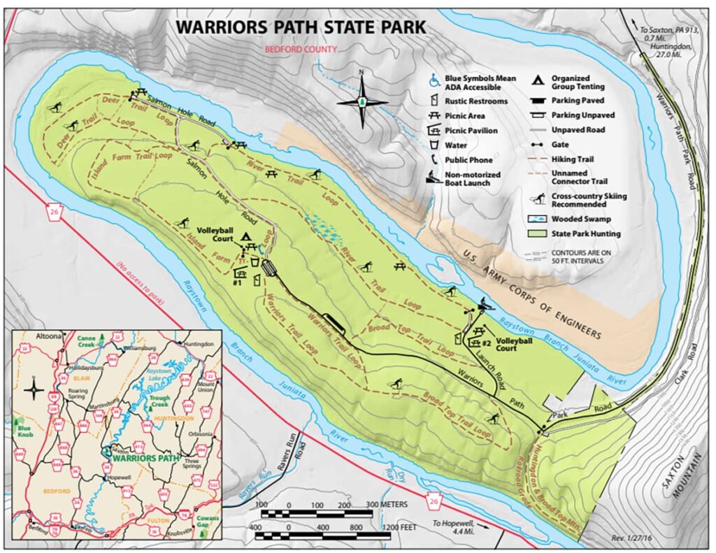 A map of Warriors Path State Park in Bedford County, PA.