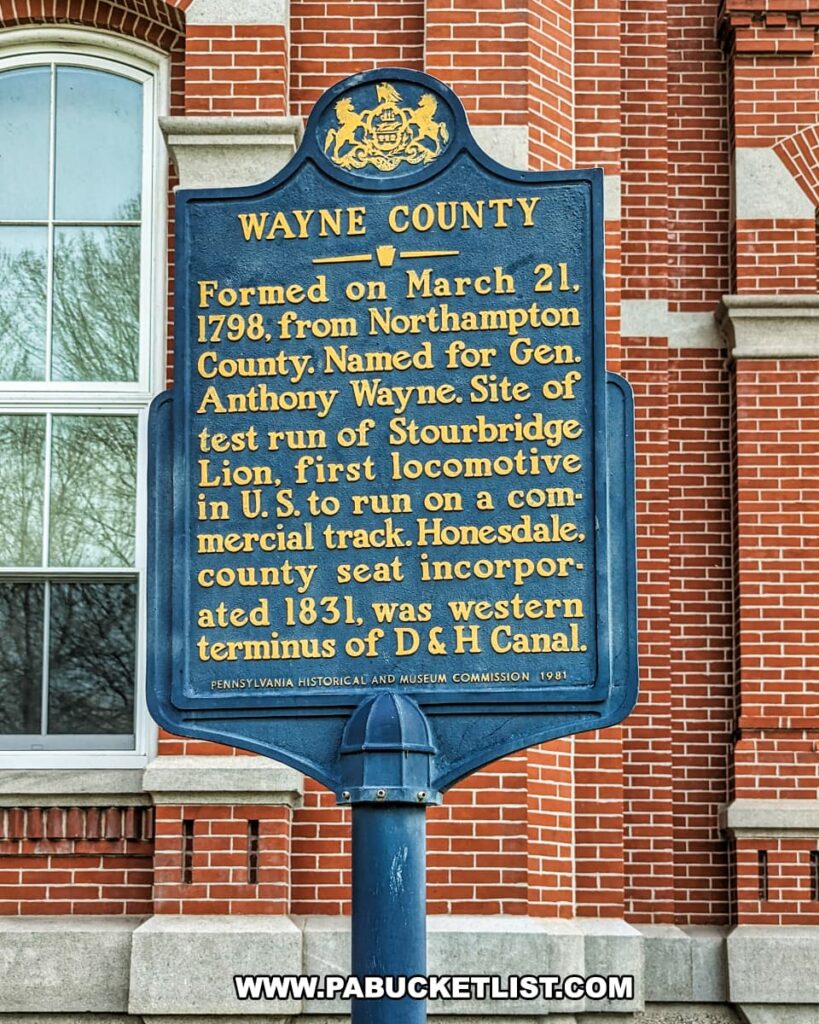 Close-up of the blue and gold Pennsylvania historical marker for Wayne County, located in front of a red-brick building in Honesdale. The marker details the county’s founding in 1798, its naming after General Anthony Wayne, and its significance as the site of the Stourbridge Lion’s first commercial locomotive run and the western terminus of the D&H Canal.