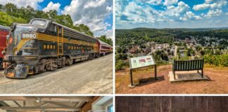 Collage of four photos showcasing attractions in Wayne County, Pennsylvania: a vintage black and yellow Pennsylvania Railroad locomotive on display under a blue sky; a scenic overlook with a bench and interpretive sign offering panoramic views of Honesdale; an elegant gallery inside the Dorflinger Glass Museum featuring displays of art glass on white pedestals; and a picturesque waterfall cascading beneath a wooden footbridge surrounded by early spring woodland.