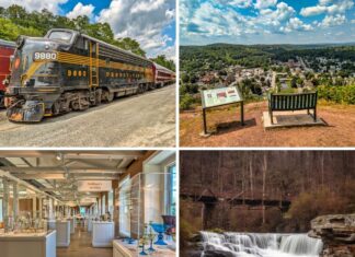 9 Must-See Attractions in Wayne County Collage of four photos showcasing attractions in Wayne County, Pennsylvania: a vintage black and yellow Pennsylvania Railroad locomotive on display under a blue sky; a scenic overlook with a bench and interpretive sign offering panoramic views of Honesdale; an elegant gallery inside the Dorflinger Glass Museum featuring displays of art glass on white pedestals; and a picturesque waterfall cascading beneath a wooden footbridge surrounded by early spring woodland.
