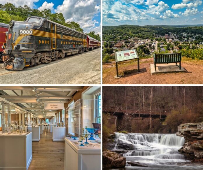 Wayne-County-PA-Must-See-Attractions Collage of four photos showcasing attractions in Wayne County, Pennsylvania: a vintage black and yellow Pennsylvania Railroad locomotive on display under a blue sky; a scenic overlook with a bench and interpretive sign offering panoramic views of Honesdale; an elegant gallery inside the Dorflinger Glass Museum featuring displays of art glass on white pedestals; and a picturesque waterfall cascading beneath a wooden footbridge surrounded by early spring woodland.