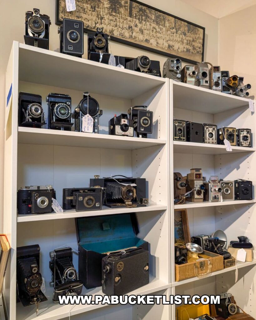 Shelves filled with dozens of vintage cameras on display at Apple Hill Antiques near State College, showcasing an array of old box cameras, folding cameras, and early film models arranged neatly beneath a historic black-and-white photograph.